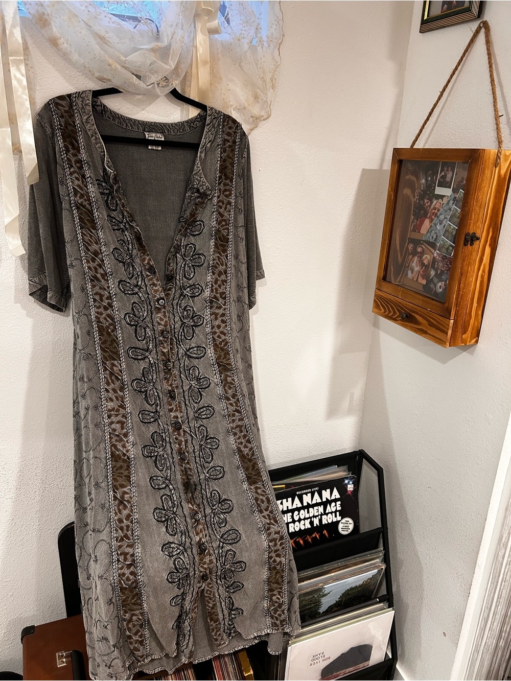 Boho Embroidered Gray V-Neck Midi Dress